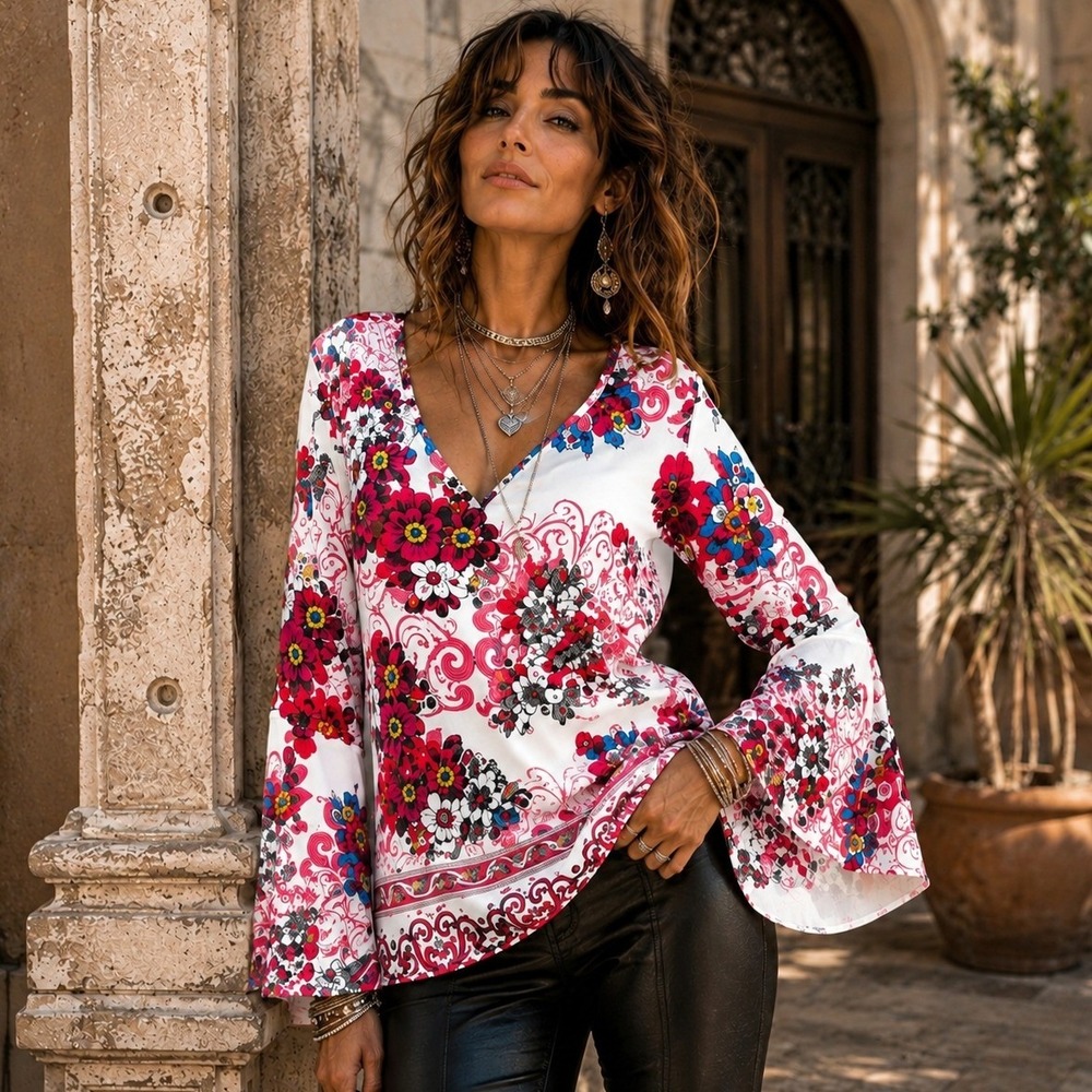 Boho Retro Fairy Floral Border Print Bell Sleeve V Neck Festival Blouse Womens M
